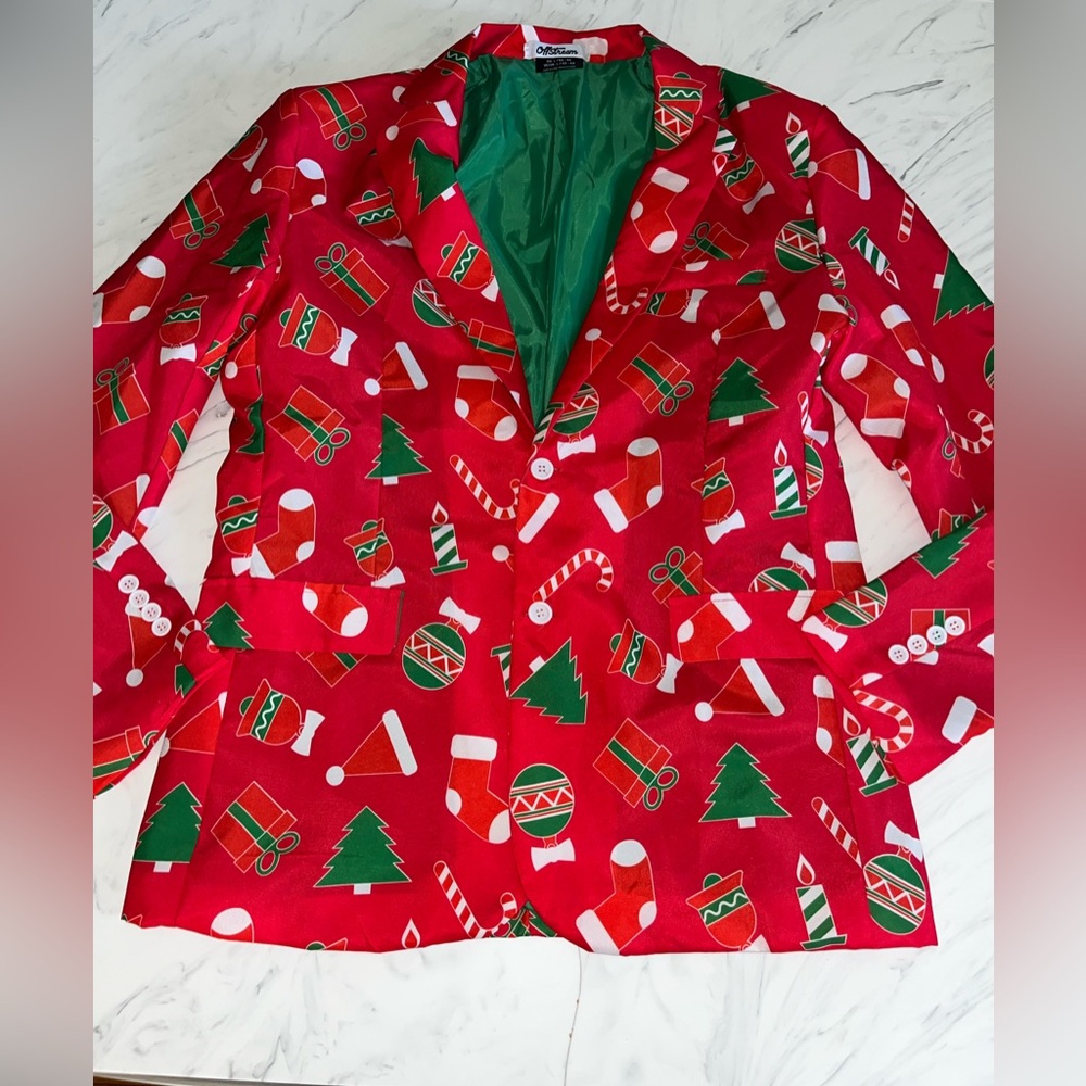 Offstream red holiday suit blazer candy cane present jacket tree xmas l 42-44